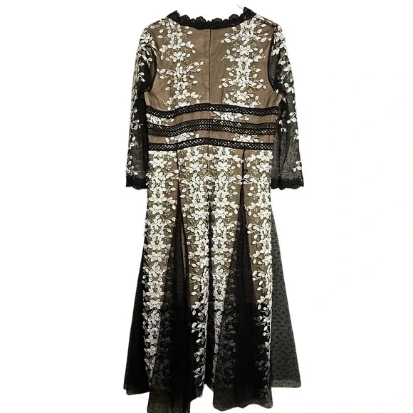 Shiran Fushi Floral Lace Black White Long Sleeve Midi Party Cocktail Dress L/XL - Picture 9 of 11